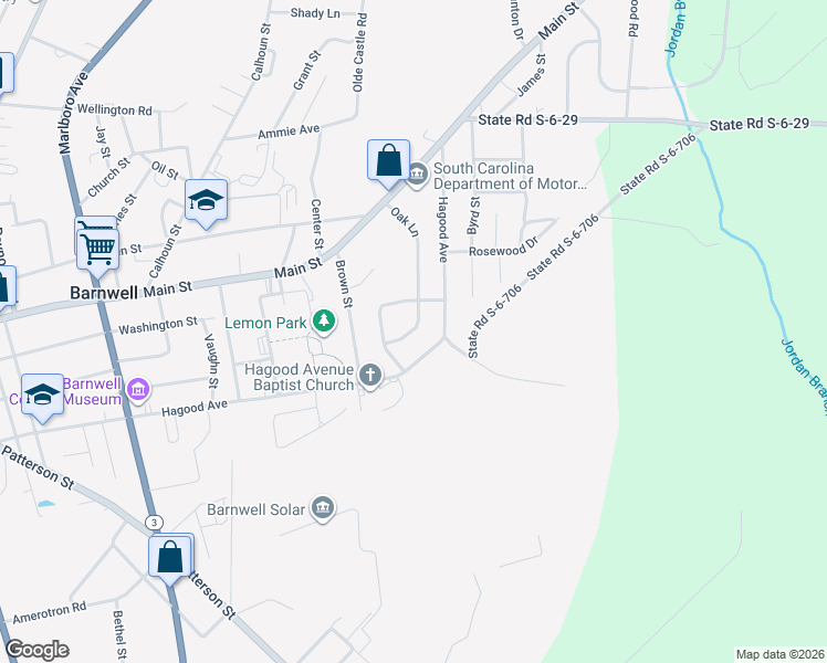 map of restaurants, bars, coffee shops, grocery stores, and more near 1277 Hagood Avenue in Barnwell