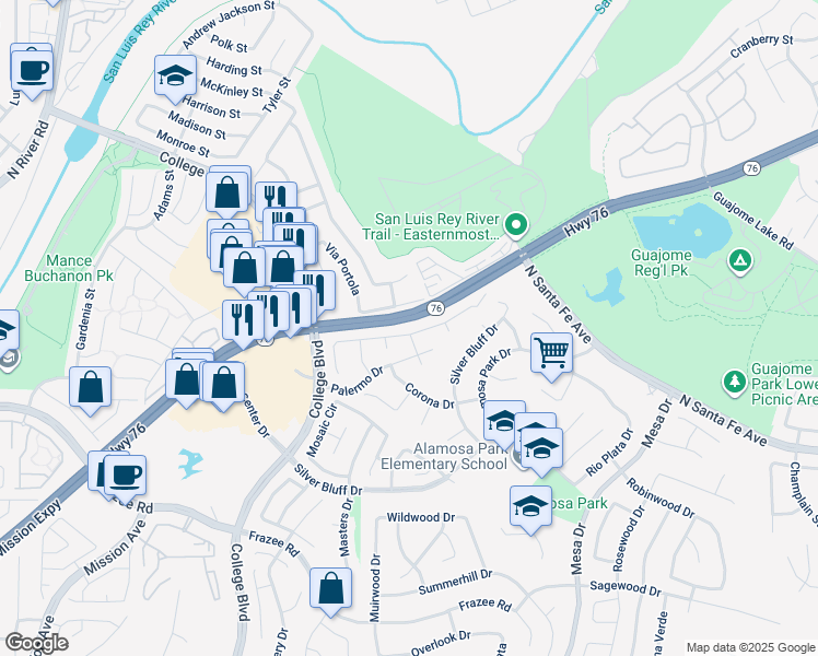 map of restaurants, bars, coffee shops, grocery stores, and more near 5046 Caspian Drive in Oceanside