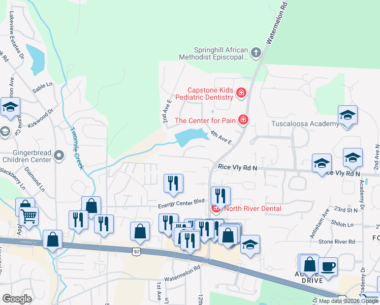 map of restaurants, bars, coffee shops, grocery stores, and more near 7 Indian Bend Circle in Tuscaloosa