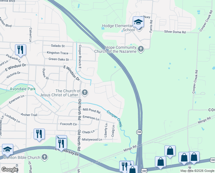 map of restaurants, bars, coffee shops, grocery stores, and more near 3000 Armstrong Street in Denton