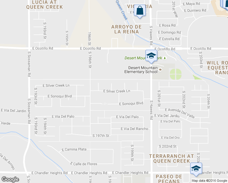 map of restaurants, bars, coffee shops, grocery stores, and more near 19755 East Silver Creek Lane in Queen Creek