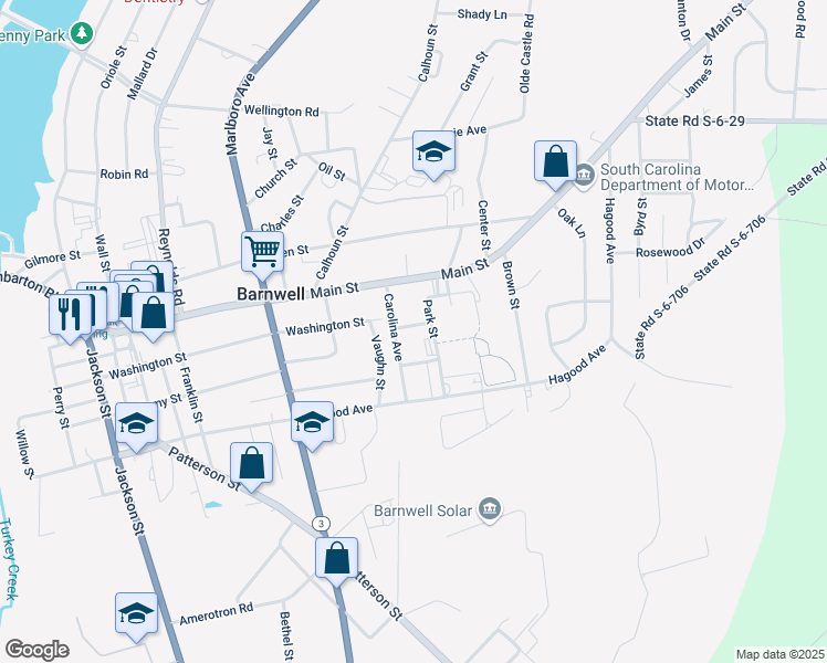 map of restaurants, bars, coffee shops, grocery stores, and more near 123 Park Street in Barnwell