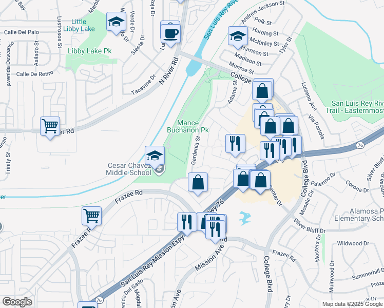 map of restaurants, bars, coffee shops, grocery stores, and more near 4770 Gardenia Street in Oceanside