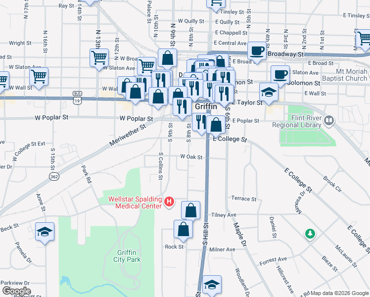 map of restaurants, bars, coffee shops, grocery stores, and more near 112 West Oak Street in Griffin