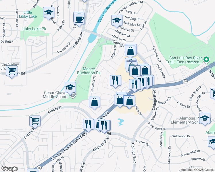 map of restaurants, bars, coffee shops, grocery stores, and more near 4765 Mayten Court in Oceanside
