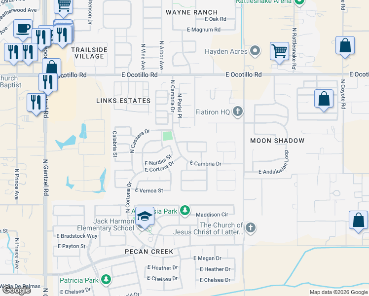 map of restaurants, bars, coffee shops, grocery stores, and more near 1303 East Nardini Street in Queen Creek