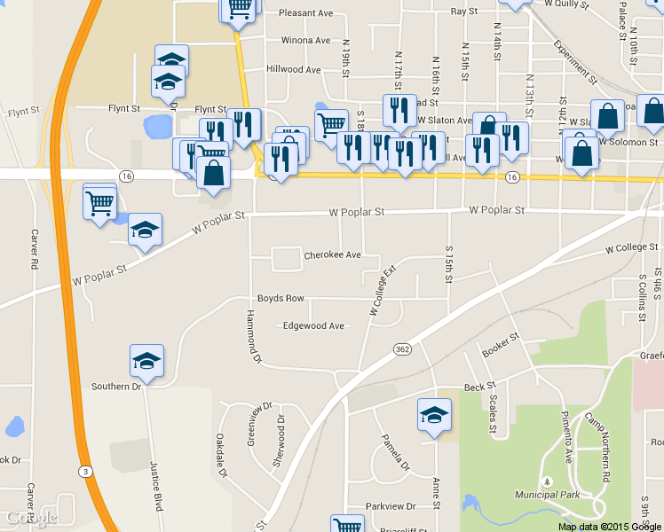 map of restaurants, bars, coffee shops, grocery stores, and more near 1247 D F Fuller Drive in Griffin