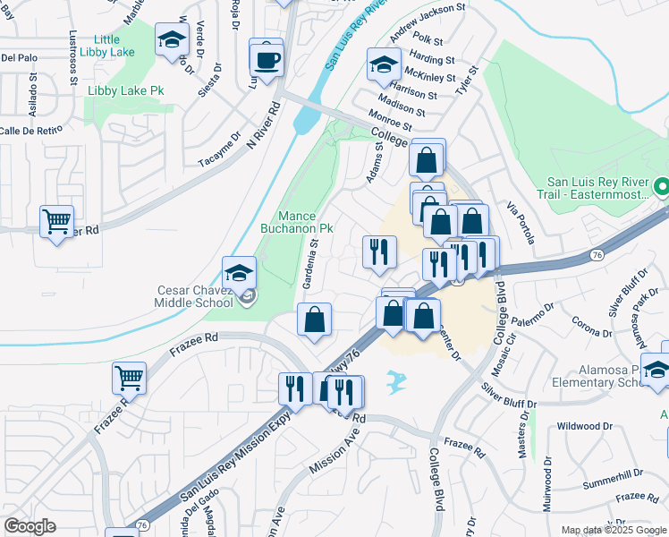 map of restaurants, bars, coffee shops, grocery stores, and more near 4773 Sequoia Place in Oceanside