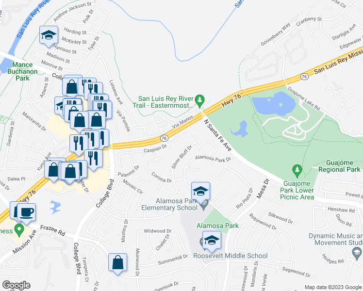 map of restaurants, bars, coffee shops, grocery stores, and more near 683 Wolf Point Court in Oceanside