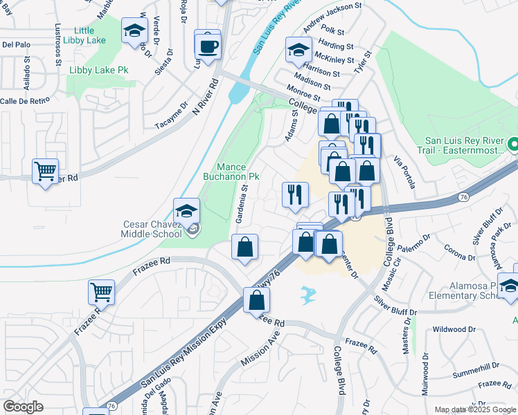 map of restaurants, bars, coffee shops, grocery stores, and more near 4773 Sequoia Place in Oceanside