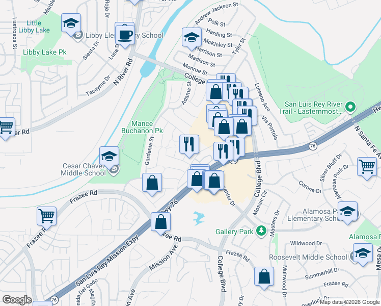 map of restaurants, bars, coffee shops, grocery stores, and more near 4791 Macadamia Court in Oceanside