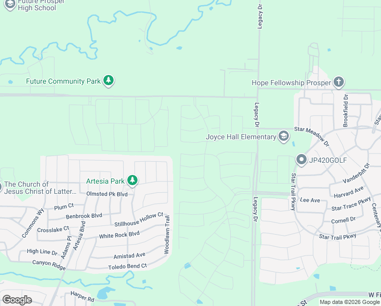 map of restaurants, bars, coffee shops, grocery stores, and more near 16877-16961 Prosper Road in Prosper