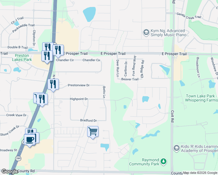 map of restaurants, bars, coffee shops, grocery stores, and more near 8702 Prestonview Drive in Prosper