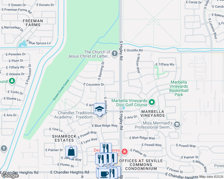map of restaurants, bars, coffee shops, grocery stores, and more near 3146 Coconino Drive in Gilbert