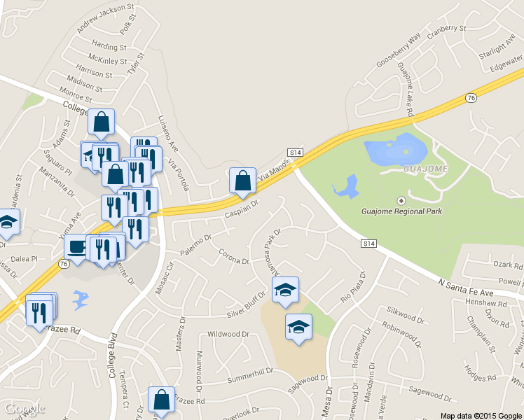 map of restaurants, bars, coffee shops, grocery stores, and more near 5086 Caspian Drive in Oceanside