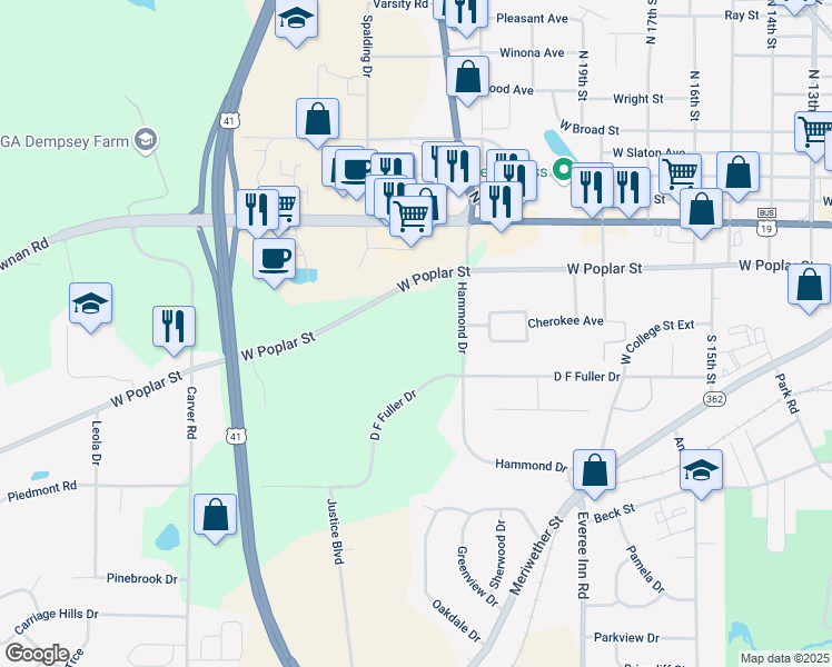 map of restaurants, bars, coffee shops, grocery stores, and more near 1440 West Poplar Street in Griffin