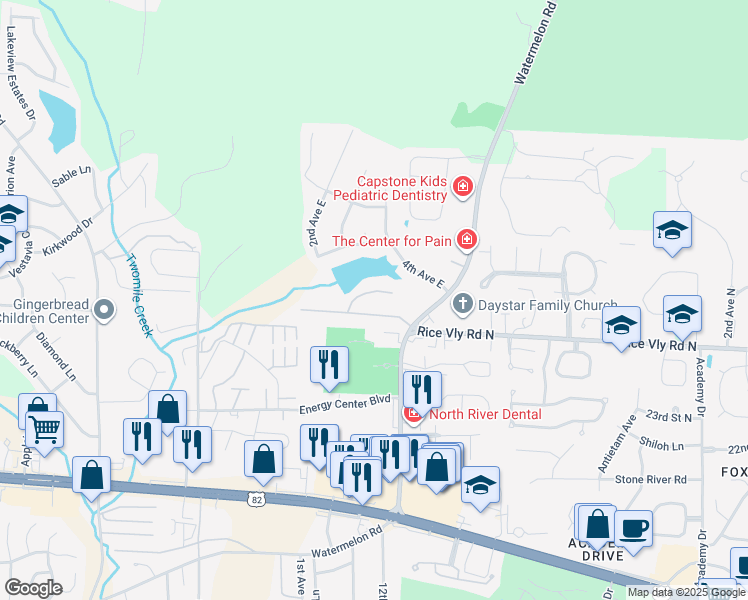 map of restaurants, bars, coffee shops, grocery stores, and more near 23 Indian Bend Circle in Tuscaloosa
