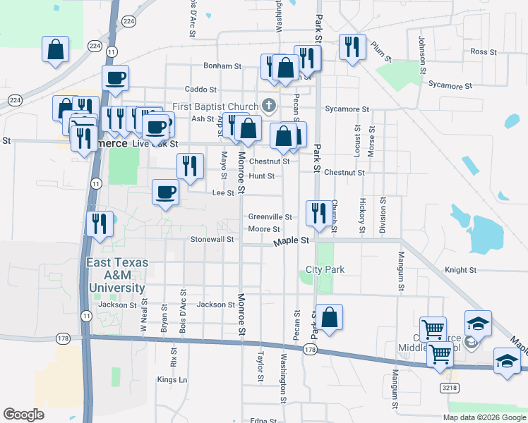 map of restaurants, bars, coffee shops, grocery stores, and more near 1307 Lee Street in Commerce