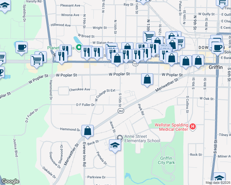 map of restaurants, bars, coffee shops, grocery stores, and more near 339 South 15th Street in Griffin