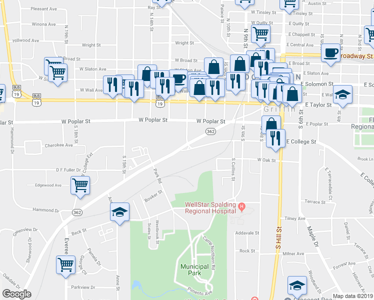 map of restaurants, bars, coffee shops, grocery stores, and more near 1032 West College Street in Griffin