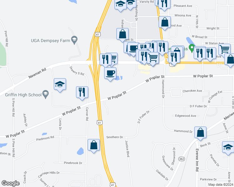 map of restaurants, bars, coffee shops, grocery stores, and more near 1513 West Poplar Street in Griffin