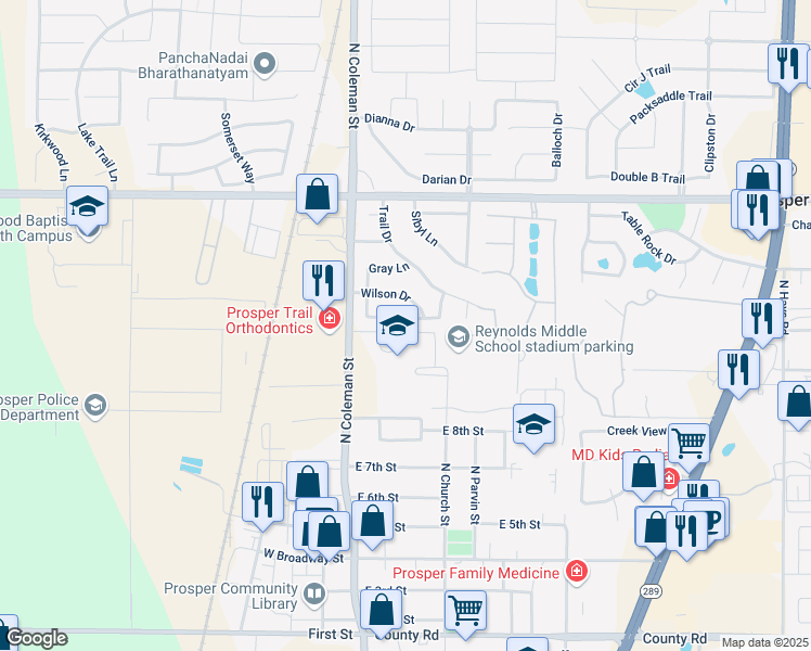 map of restaurants, bars, coffee shops, grocery stores, and more near 280 Wilson Drive in Prosper