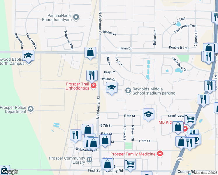 map of restaurants, bars, coffee shops, grocery stores, and more near 160 Dave Trail in Prosper