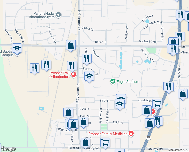map of restaurants, bars, coffee shops, grocery stores, and more near 280 Wilson Drive in Prosper