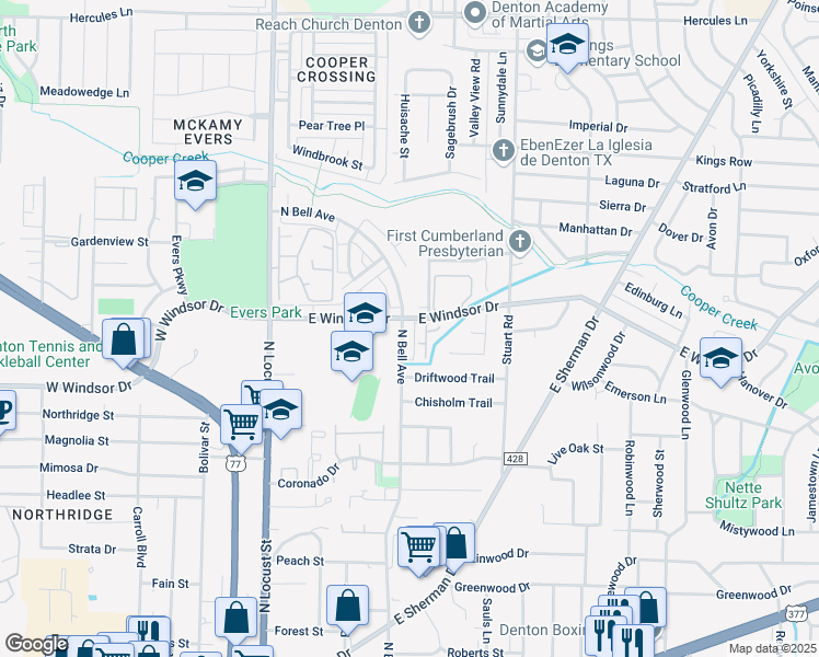 map of restaurants, bars, coffee shops, grocery stores, and more near 3028 North Bell Avenue in Denton