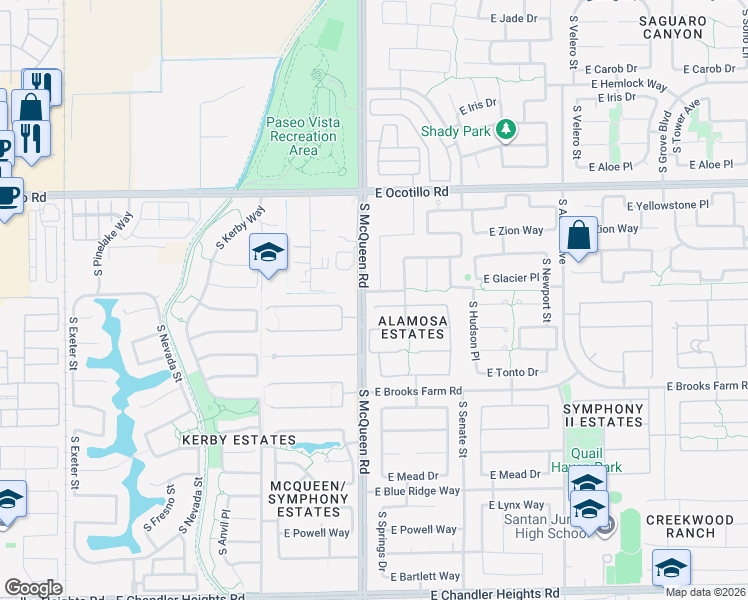 map of restaurants, bars, coffee shops, grocery stores, and more near 1010 East Kaibab Place in Chandler