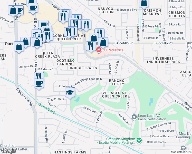map of restaurants, bars, coffee shops, grocery stores, and more near 18446 East Peachtree Boulevard in Queen Creek
