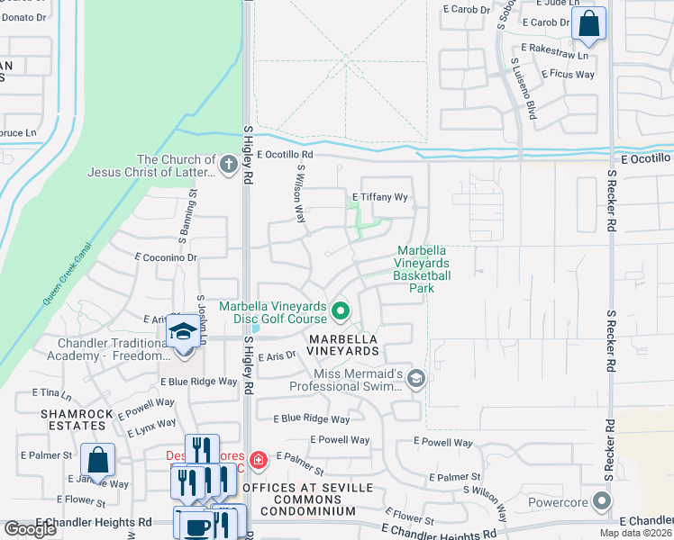 map of restaurants, bars, coffee shops, grocery stores, and more near 3388 East Orleans Court in Gilbert