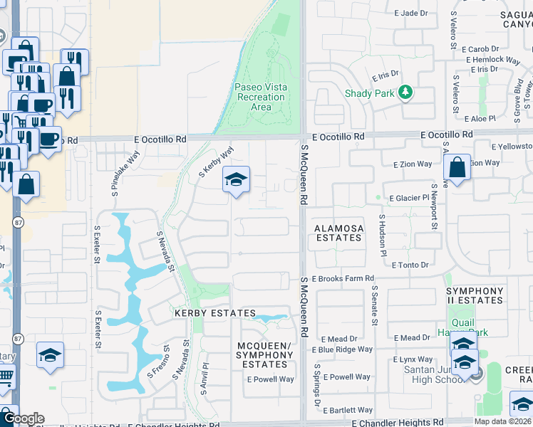map of restaurants, bars, coffee shops, grocery stores, and more near 22244 South 119th Street in Chandler