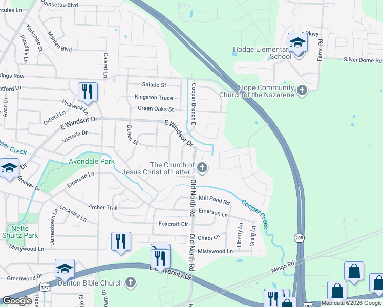 map of restaurants, bars, coffee shops, grocery stores, and more near 3204 Windy Hill Street in Denton