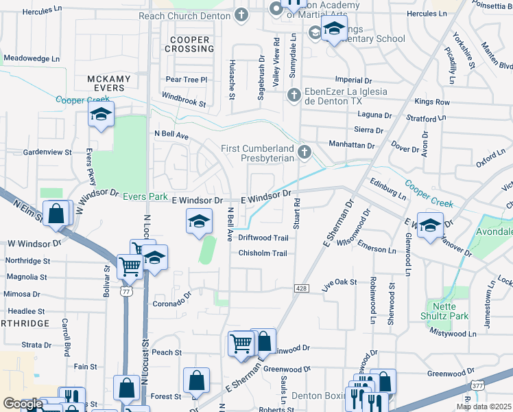 map of restaurants, bars, coffee shops, grocery stores, and more near 1 Olympia Drive in Denton