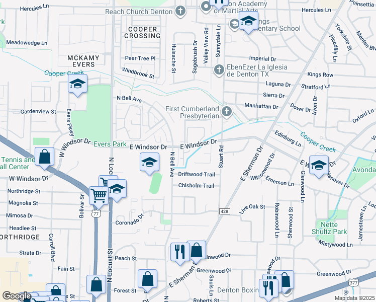 map of restaurants, bars, coffee shops, grocery stores, and more near 1 Olympia Drive in Denton