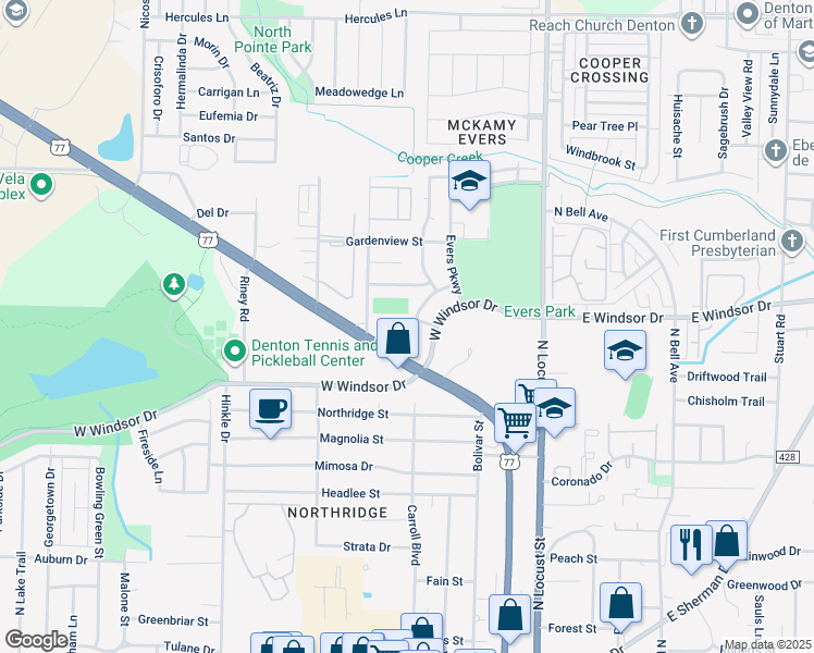 map of restaurants, bars, coffee shops, grocery stores, and more near 292 Casie Court in Denton
