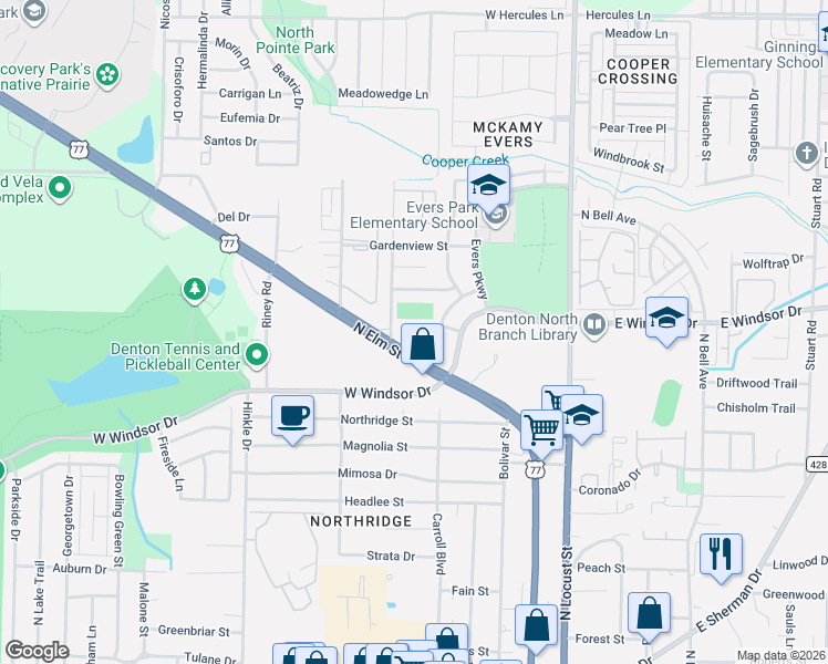 map of restaurants, bars, coffee shops, grocery stores, and more near 4050 mesa Drive in Denton