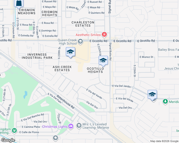 map of restaurants, bars, coffee shops, grocery stores, and more near 22239 East Tierra Grande Court in Queen Creek