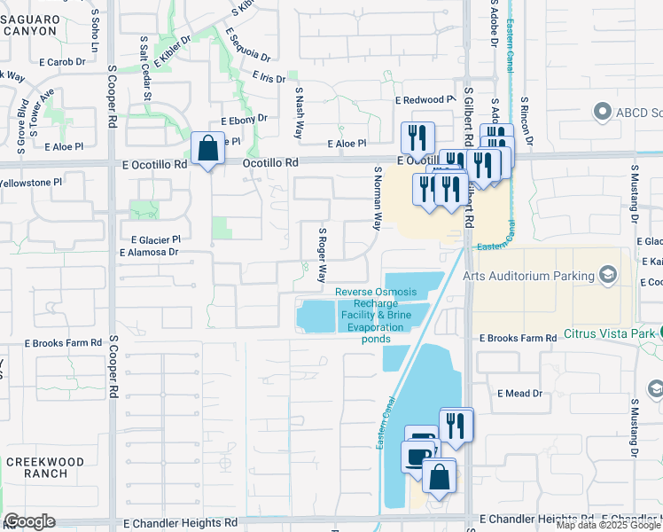 map of restaurants, bars, coffee shops, grocery stores, and more near 2669 East Kaibab Place in Chandler