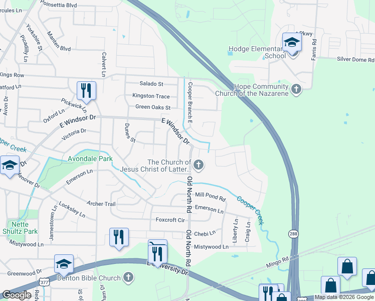 map of restaurants, bars, coffee shops, grocery stores, and more near 3204 Windy Hill Street in Denton