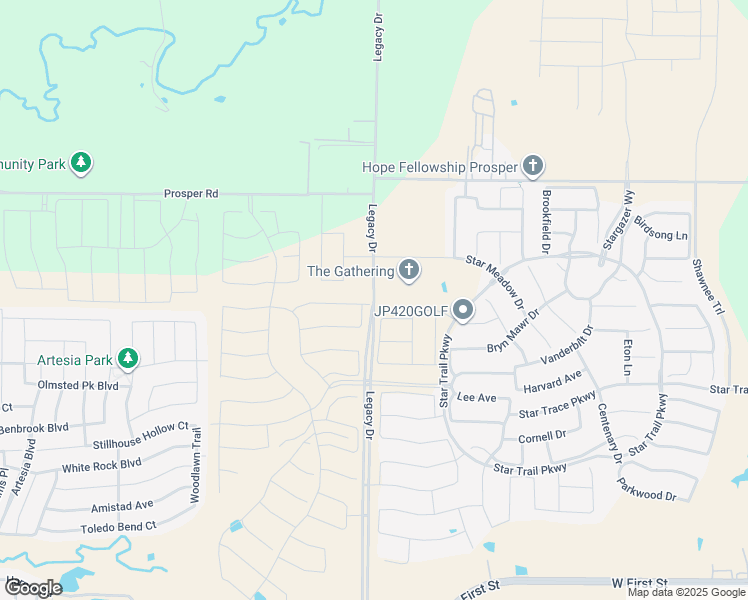 map of restaurants, bars, coffee shops, grocery stores, and more near Legacy Drive in Prosper