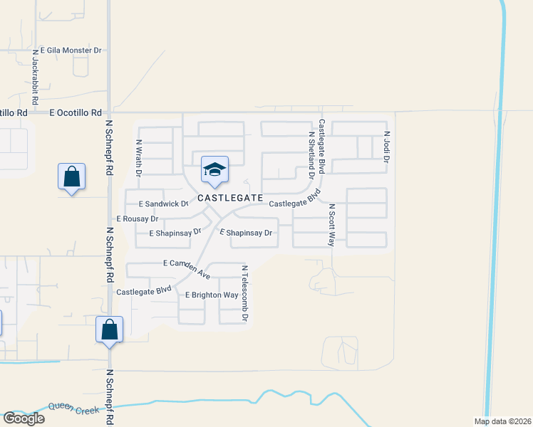 map of restaurants, bars, coffee shops, grocery stores, and more near 4327 East Shetland Drive in Queen Creek