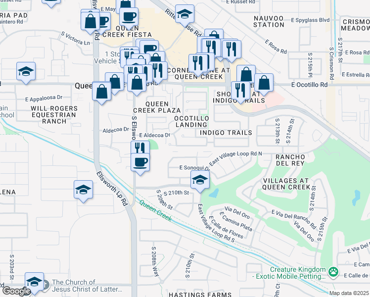 map of restaurants, bars, coffee shops, grocery stores, and more near 21019 East Aldecoa Drive in Queen Creek