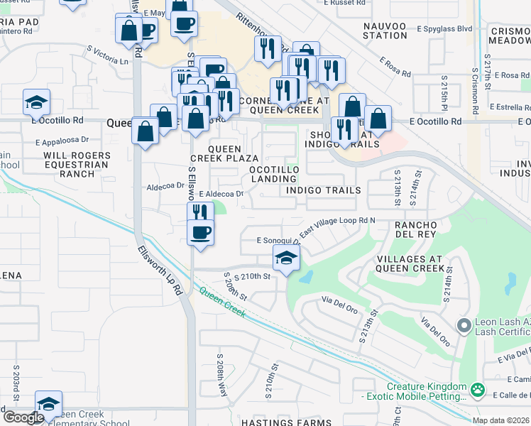 map of restaurants, bars, coffee shops, grocery stores, and more near 21019 East Aldecoa Drive in Queen Creek
