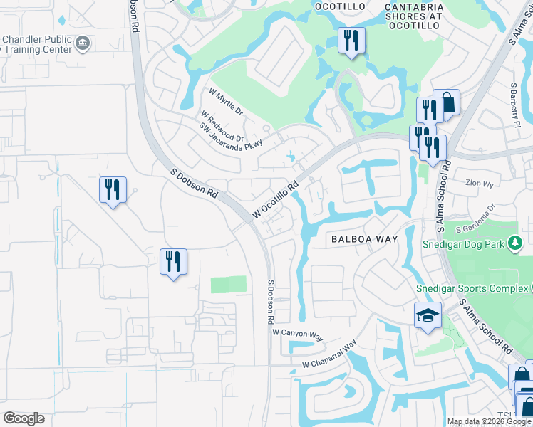 map of restaurants, bars, coffee shops, grocery stores, and more near 1922 West Yellowstone Way in Chandler