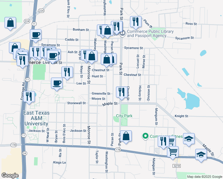 map of restaurants, bars, coffee shops, grocery stores, and more near 1901 Pecan Street in Commerce