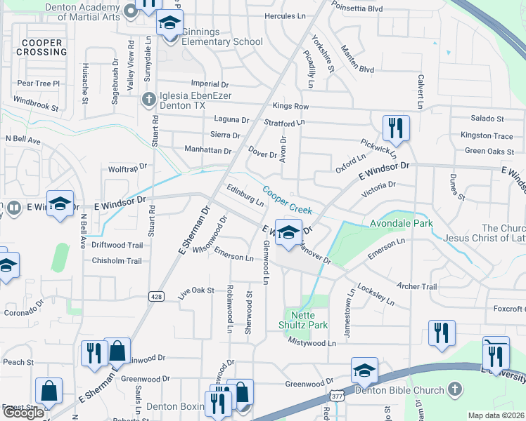 map of restaurants, bars, coffee shops, grocery stores, and more near 1203 Edinburg Lane in Denton