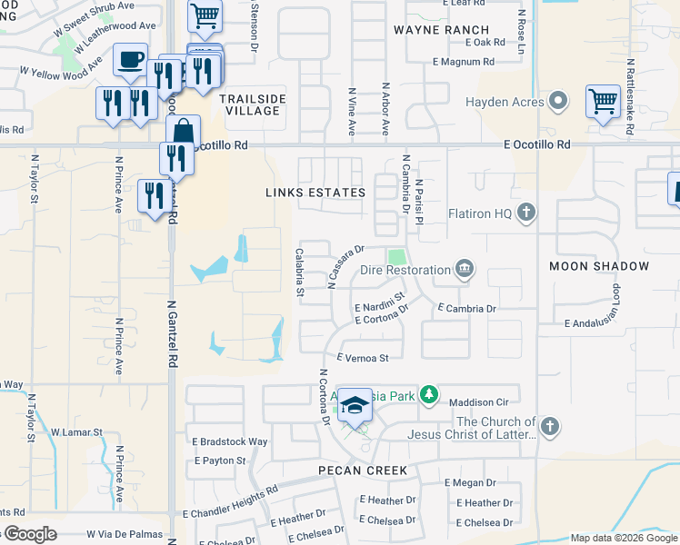 map of restaurants, bars, coffee shops, grocery stores, and more near 40177 North Cassara Drive in San Tan Valley