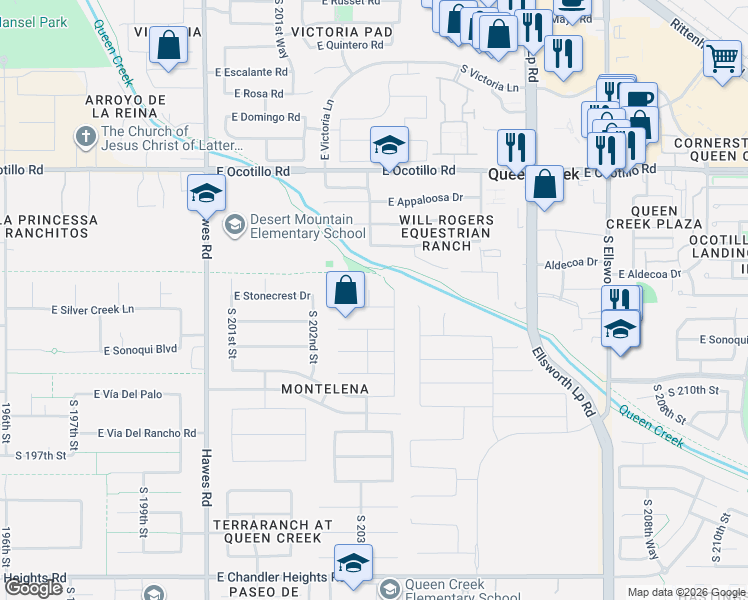 map of restaurants, bars, coffee shops, grocery stores, and more near 22451 South 202nd Court in Queen Creek